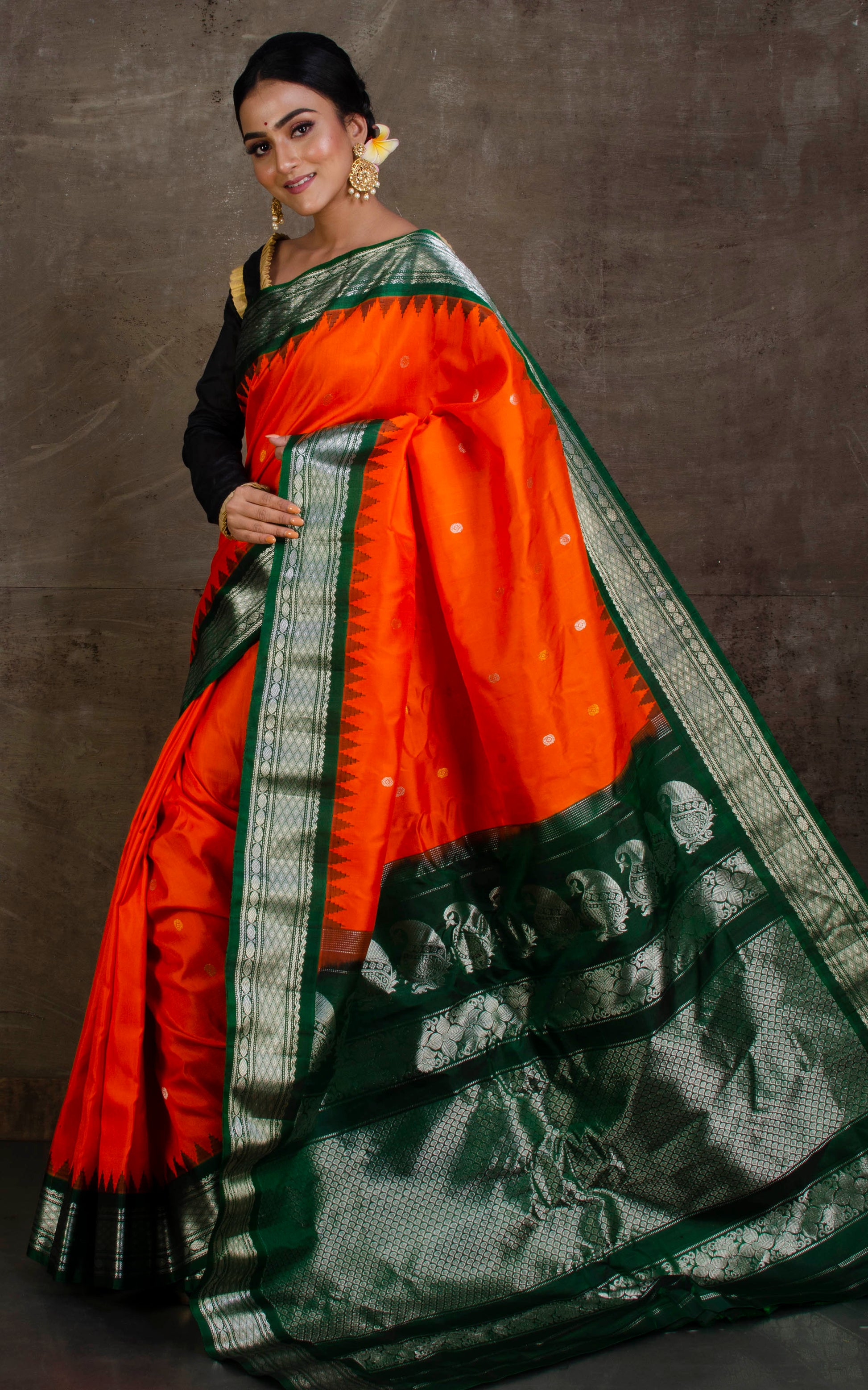 Exclusive Gadwal Silk Saree in Orange, Dark Green and Silver, Gold Zari Work