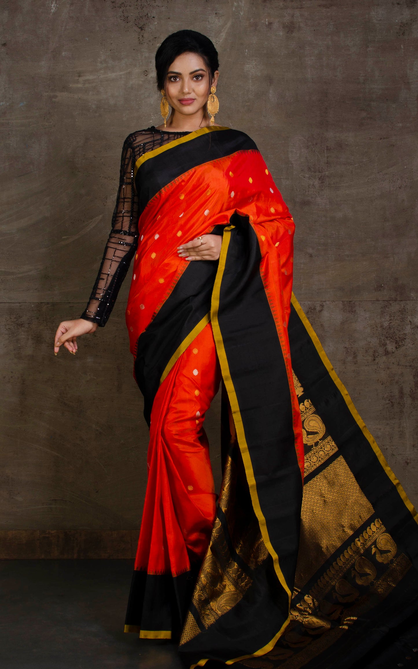 Double Ply Premium Gadwal Silk Saree in Fire Orange, Black and Corn Yellow