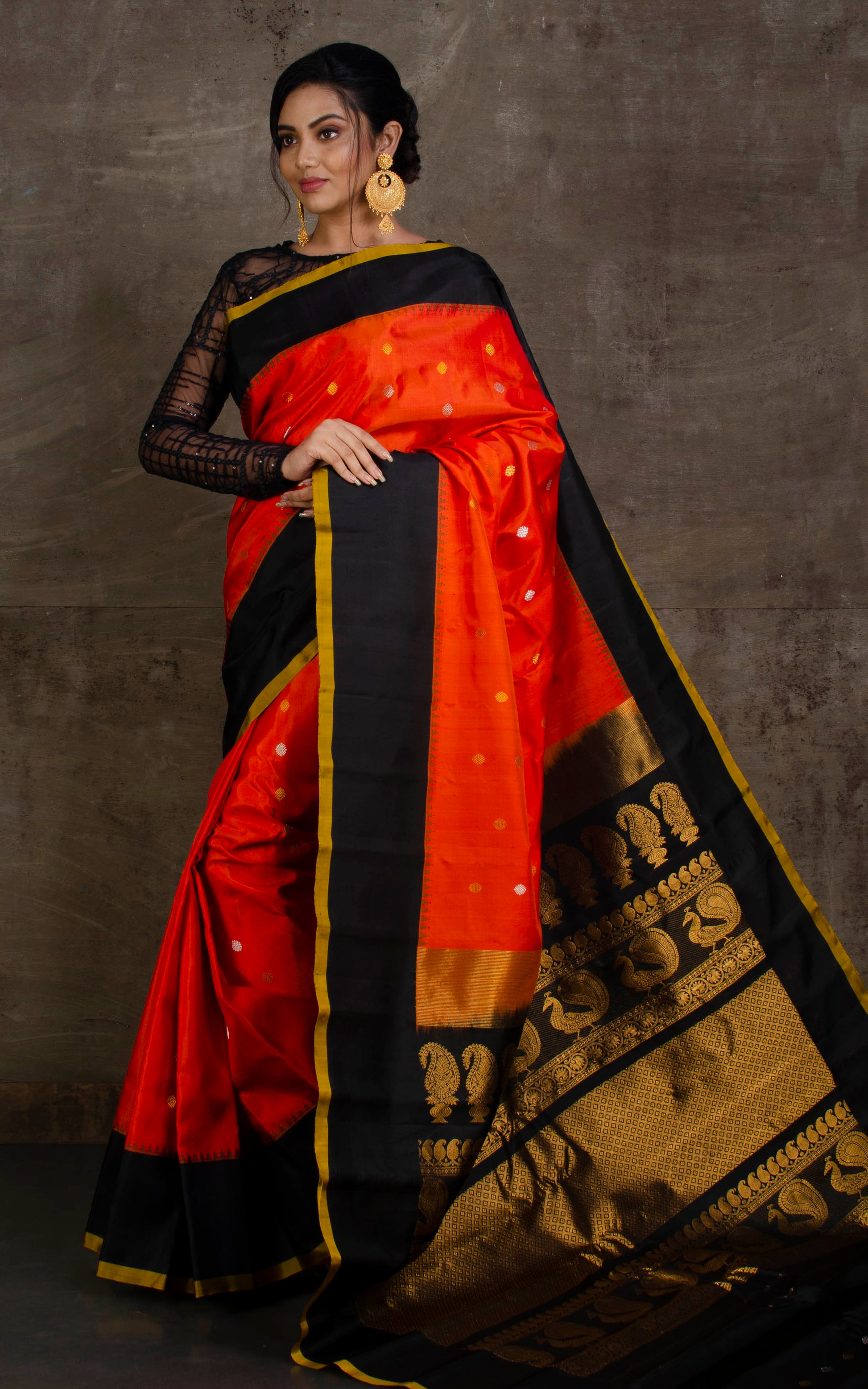 Double Ply Premium Gadwal Silk Saree in Fire Orange, Black and Corn Yellow