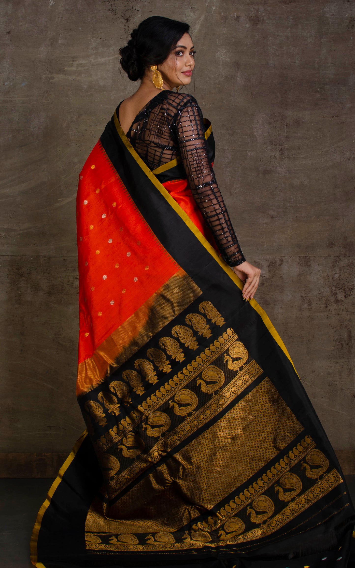 Double Ply Premium Gadwal Silk Saree in Fire Orange, Black and Corn Yellow