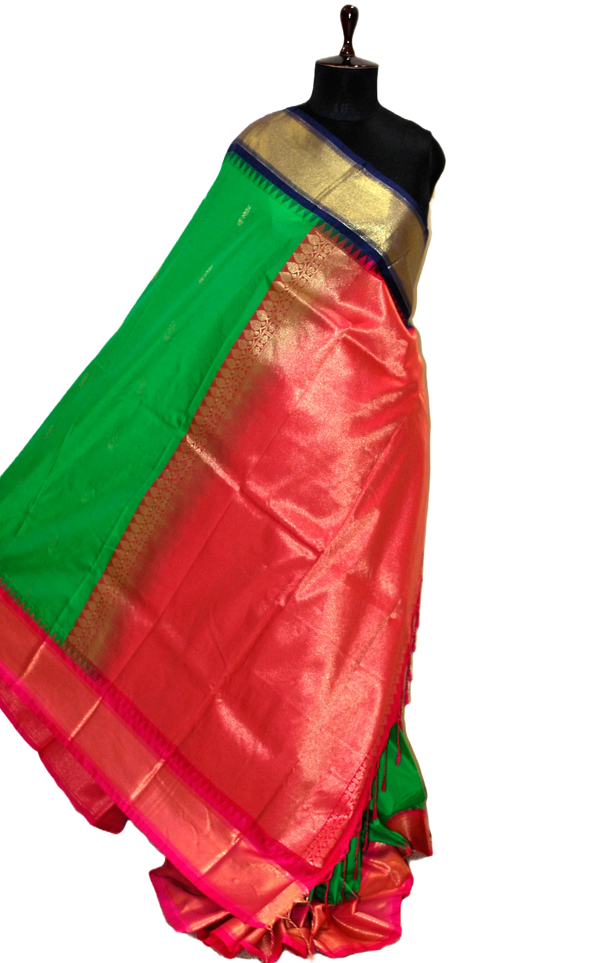 Blended Gadwal Silk Saree in India Green, Dark Blue and Hot Pink