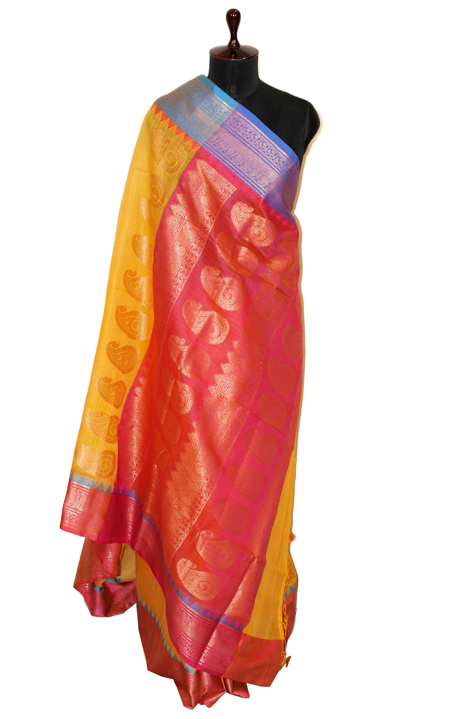 Traditional Ganga Jamuna Border Cotton Kota Checks Gadwal Saree with Rich Pallu in Bright Yellow , Hot Pink and Blue