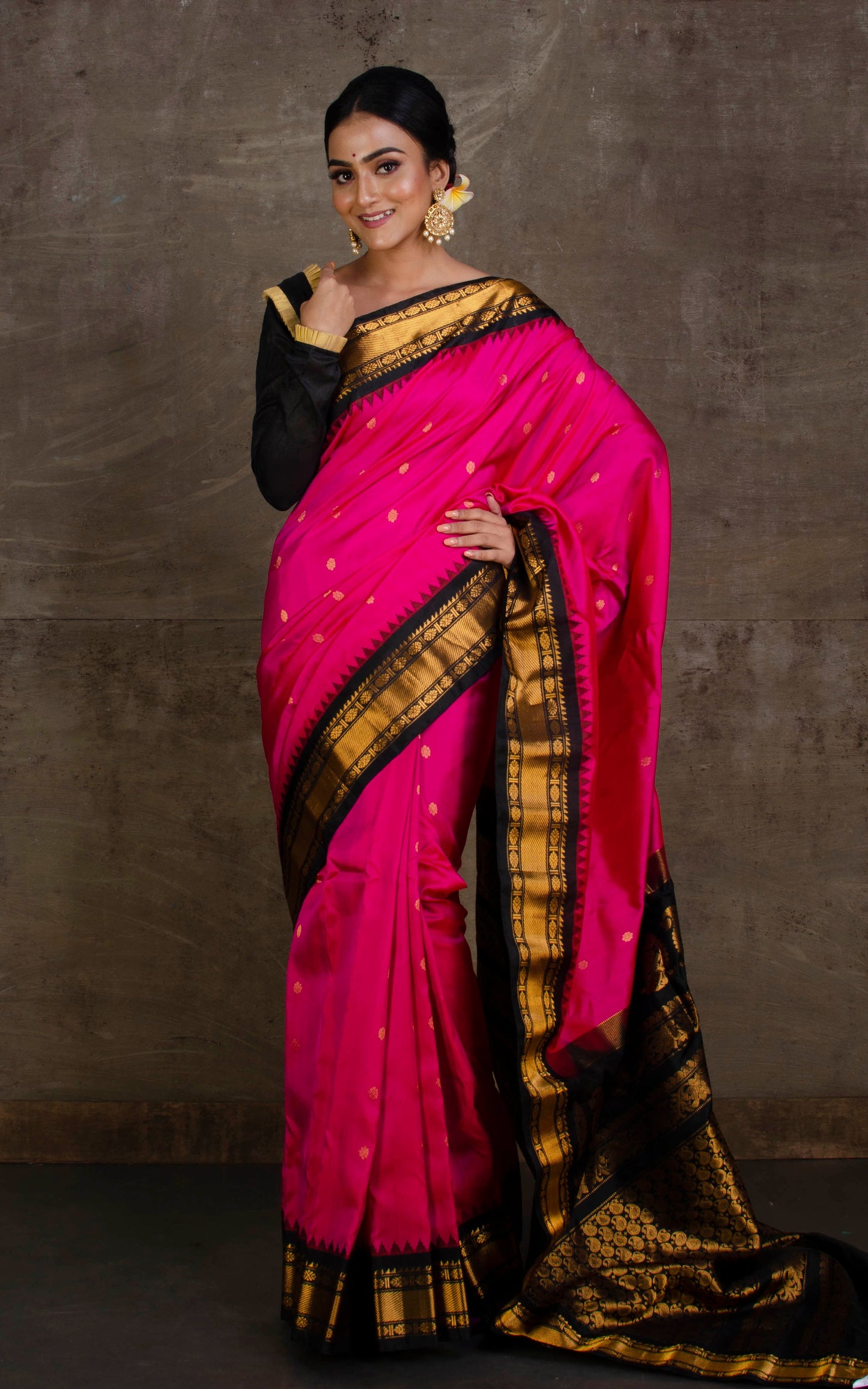 Exclusive Gadwal Silk Saree in Hot Pink, Black and Golden Zari Work