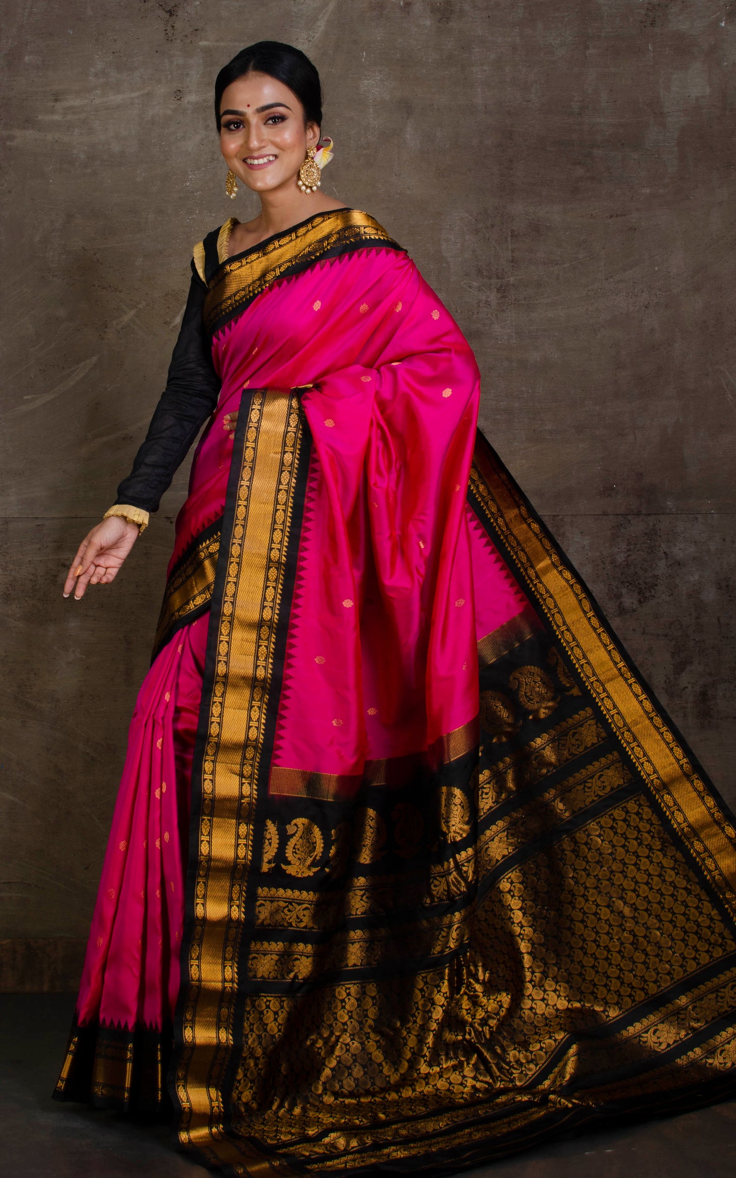 Exclusive Gadwal Silk Saree in Hot Pink, Black and Golden Zari Work