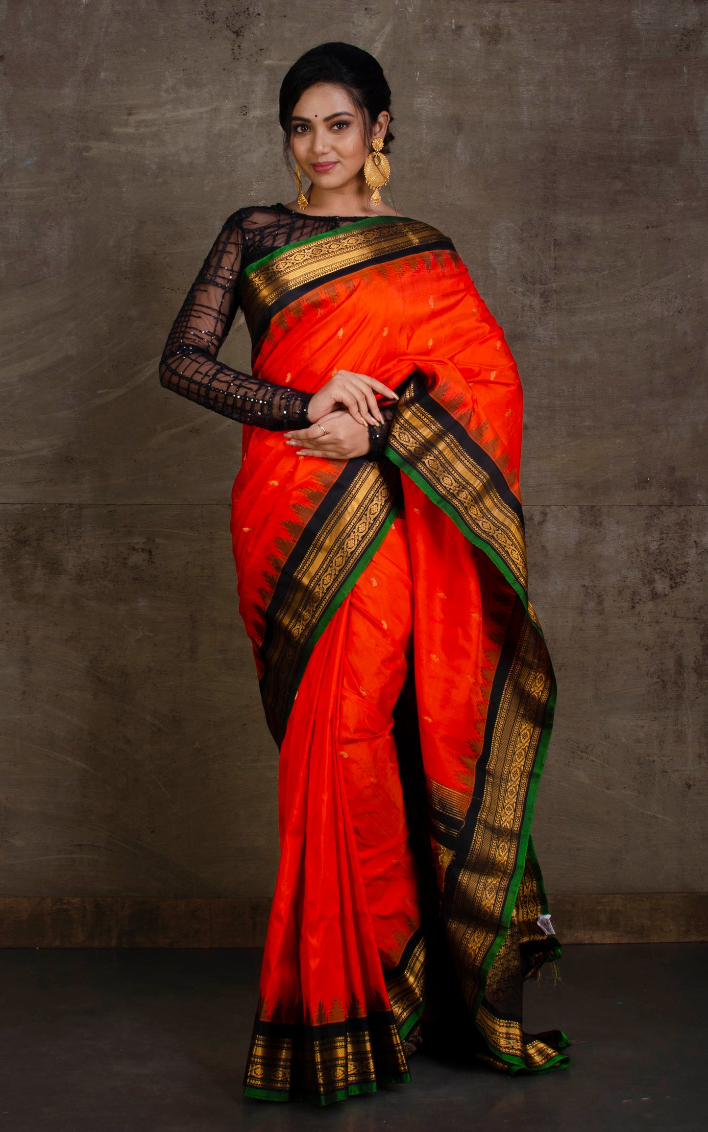 Exclusive Gadwal Silk Saree in Red Orange, Black and Green