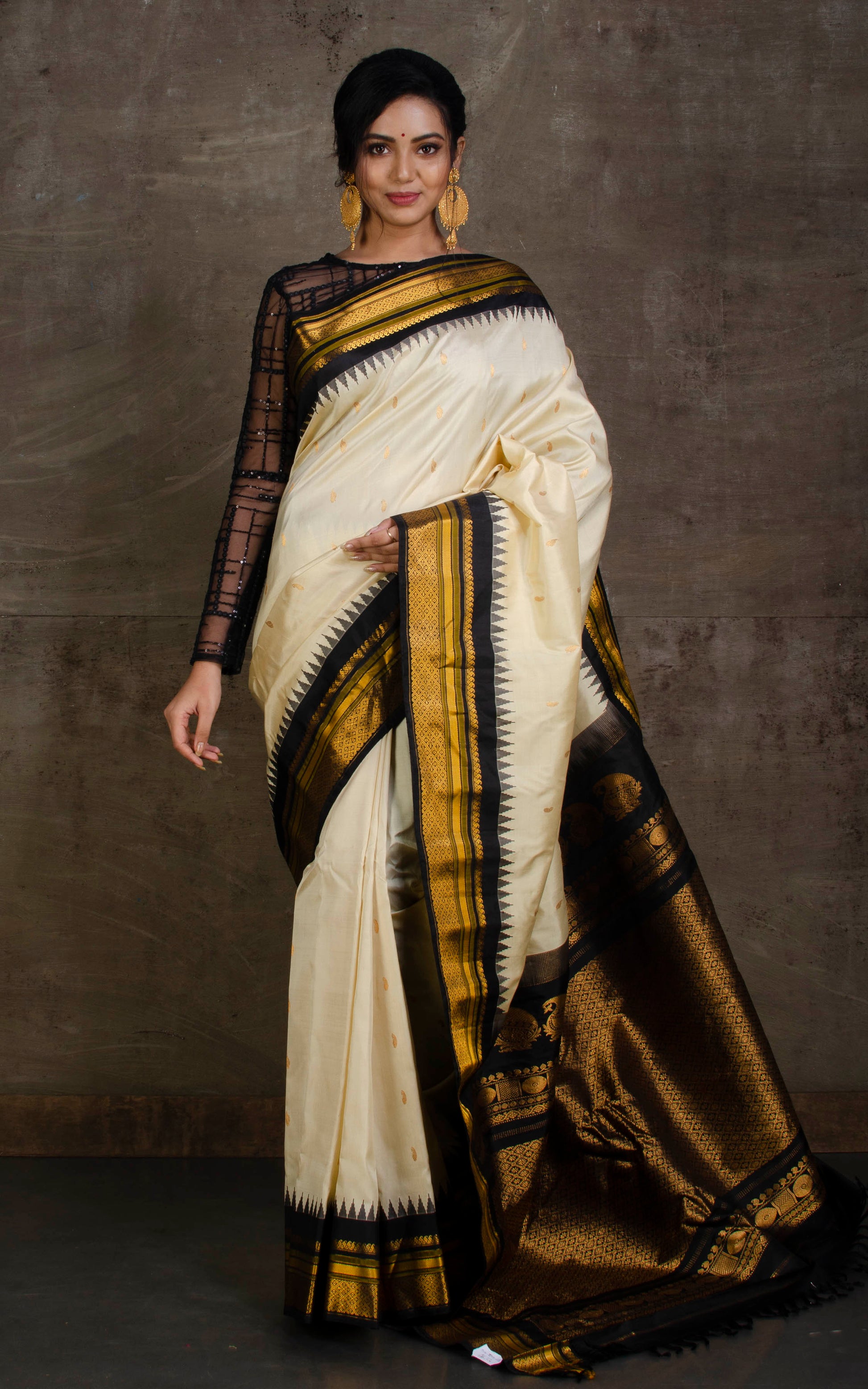 Exclusive Gadwal Silk Saree in Off White, Black and Golden Zari Work