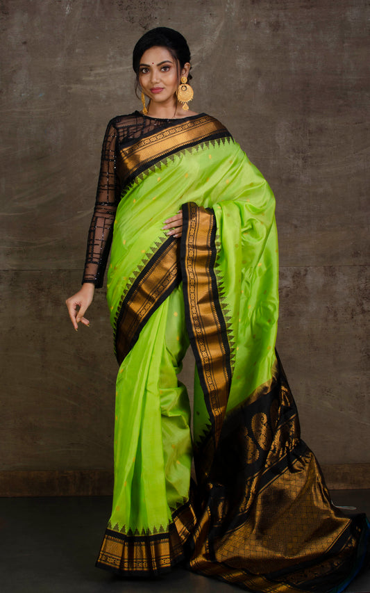 Exclusive Gadwal Silk Saree in Lime Green, Black and Golden Zari Work