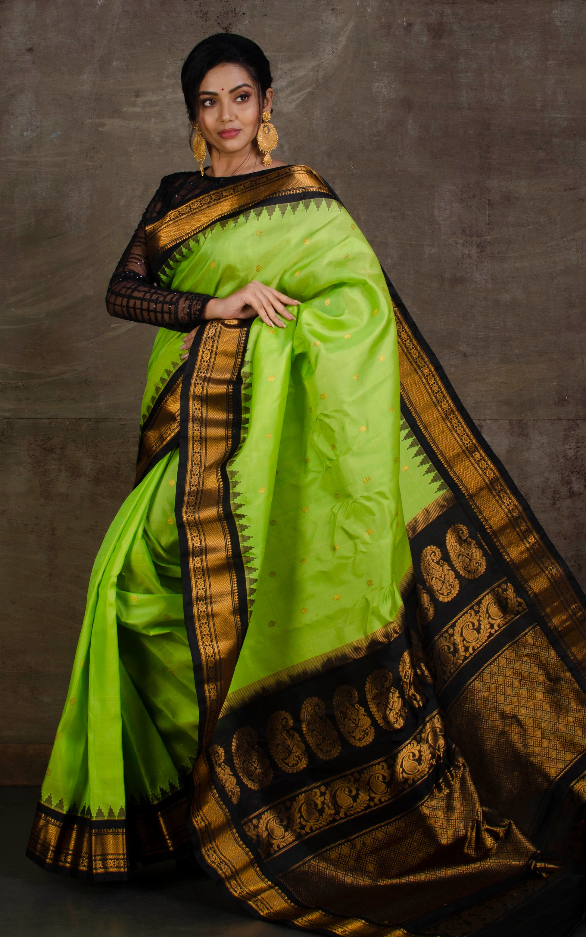 Exclusive Gadwal Silk Saree in Lime Green, Black and Golden Zari Work