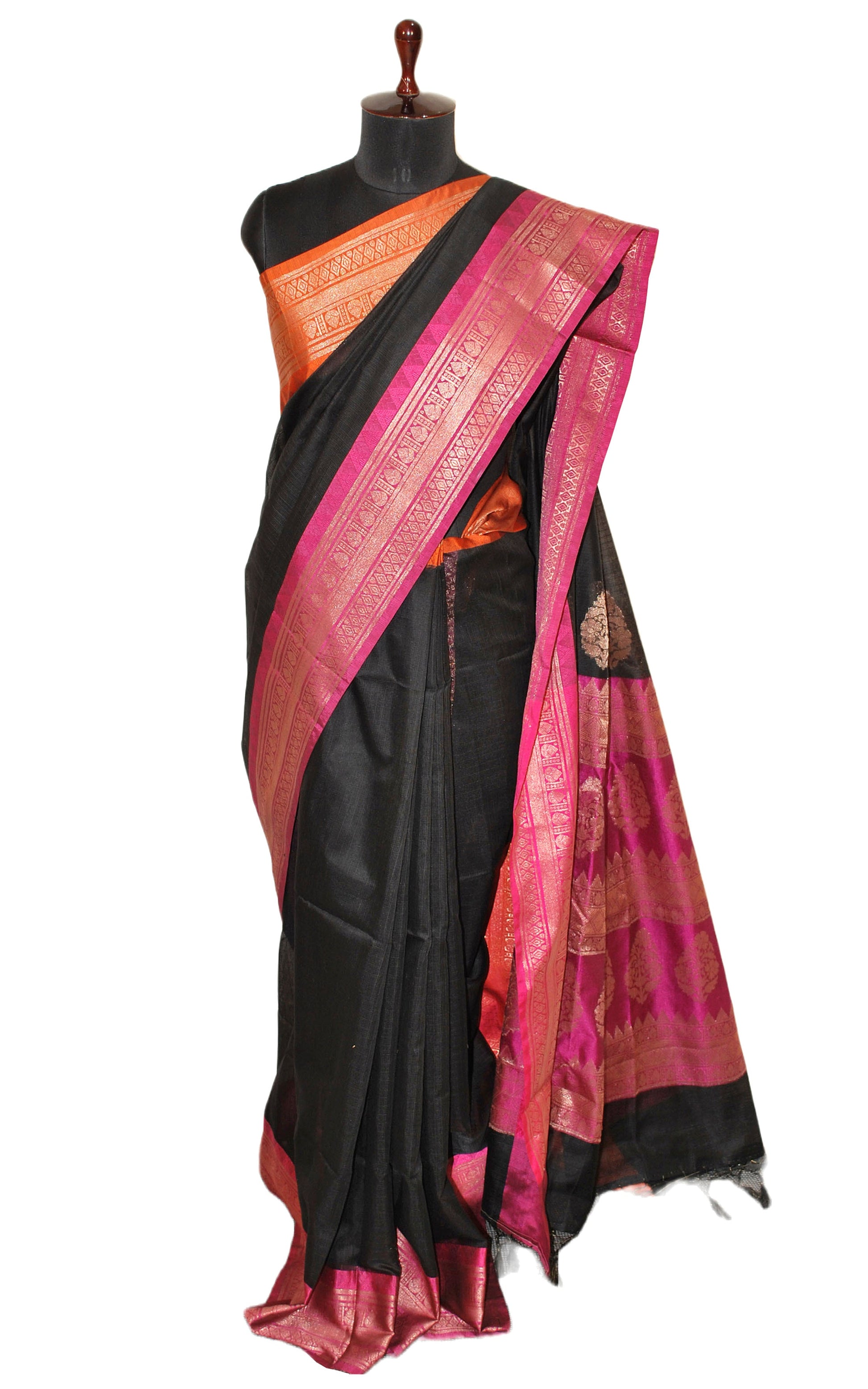 Traditional Ganga Jamuna Border Cotton Kota Checks Gadwal Saree with Rich Pallu in Black , Hot Pink and Orange