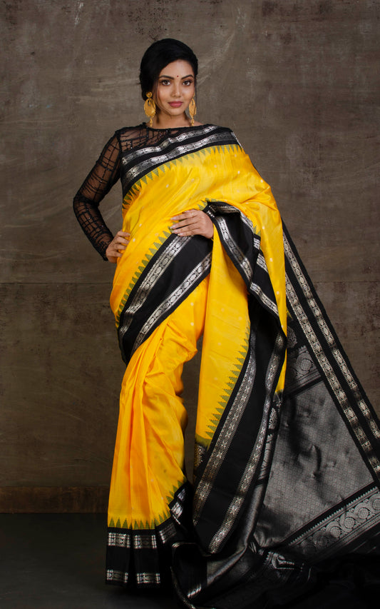 Exclusive Gadwal Silk Saree in Yellow, Black and Silver Zari Work