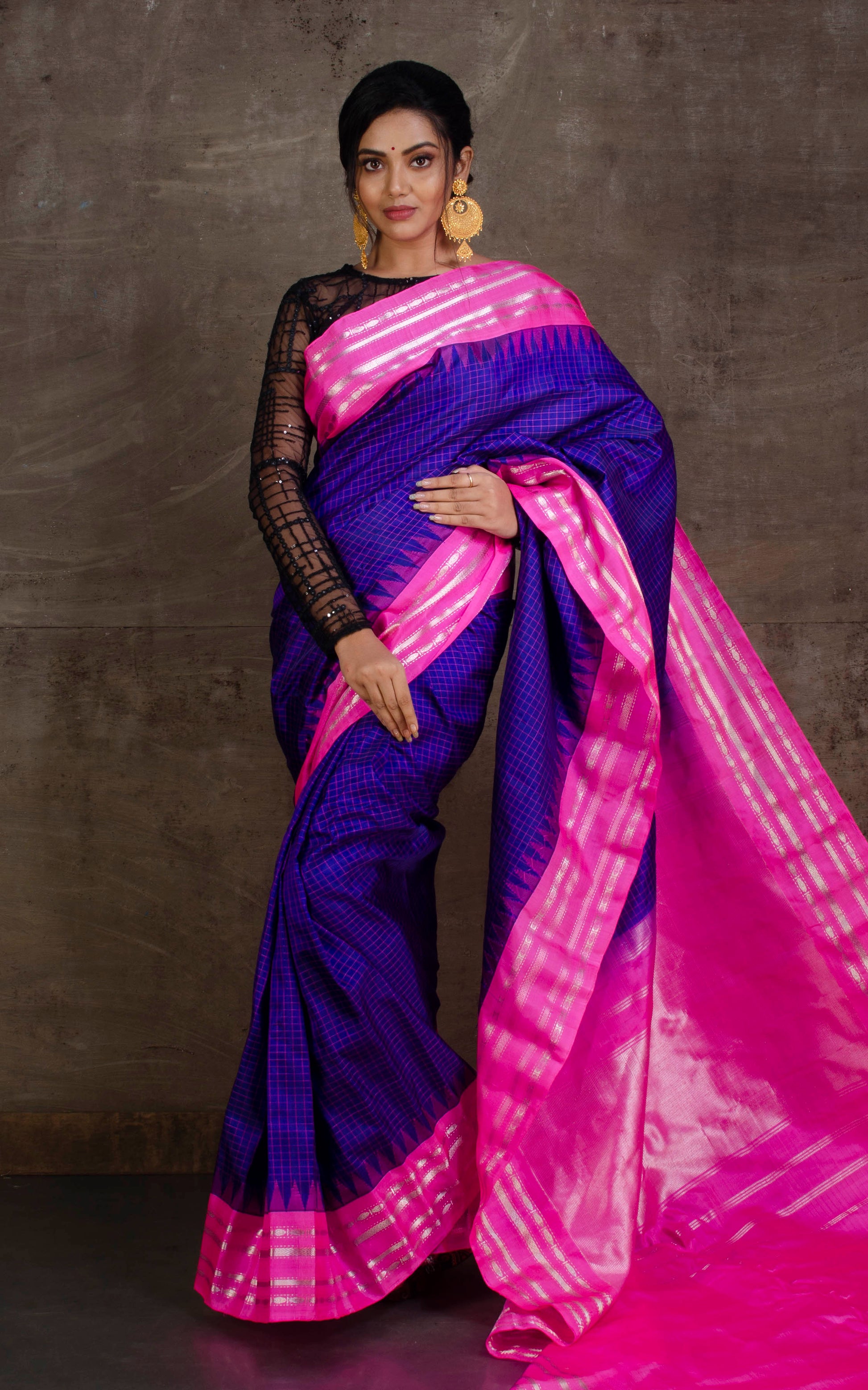 Pure Silk Checks Gadwal Silk Saree in Royal Blue, Pink and Silver Zari Work