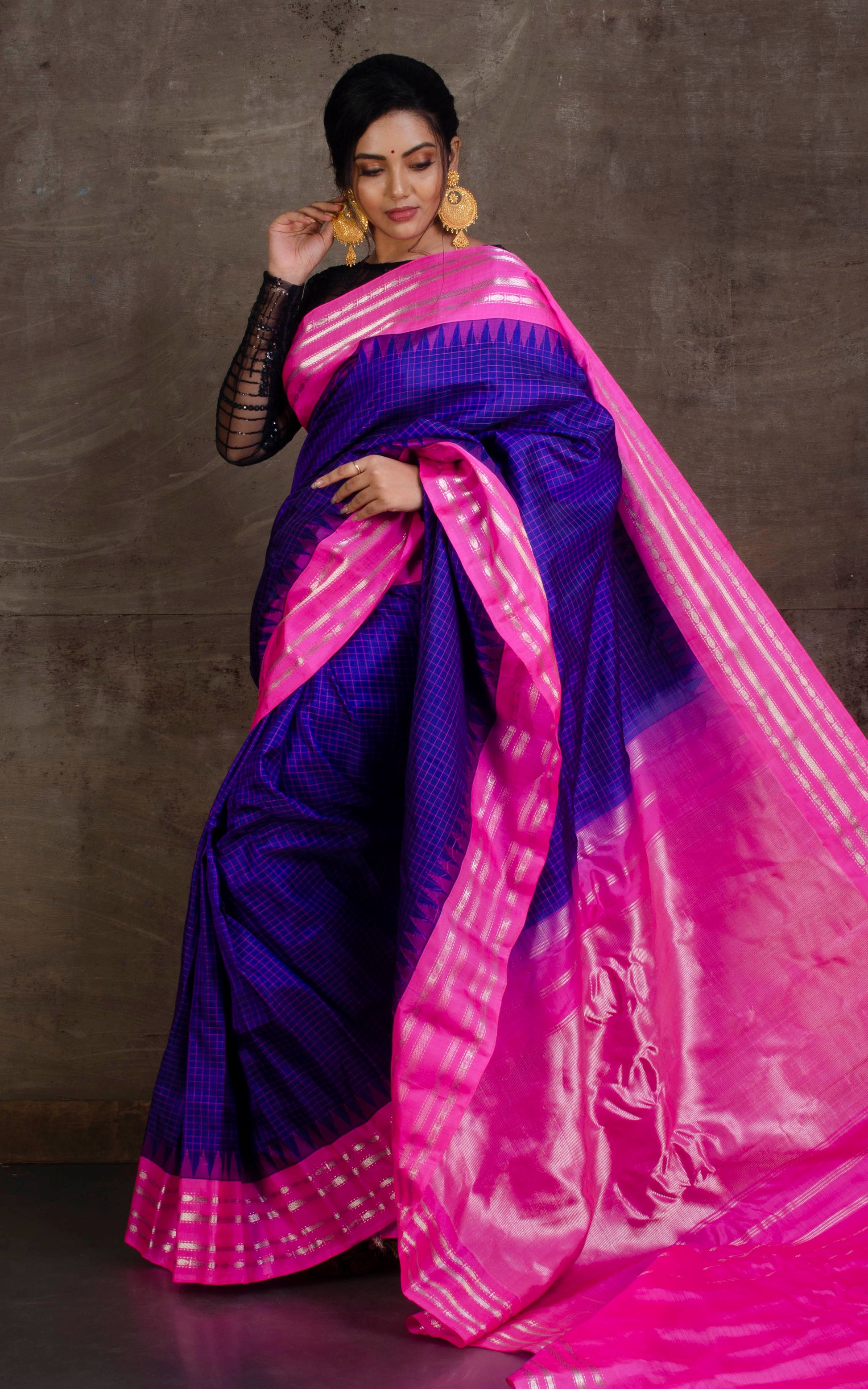 Pure Silk Checks Gadwal Silk Saree in Royal Blue, Pink and Silver Zari Work