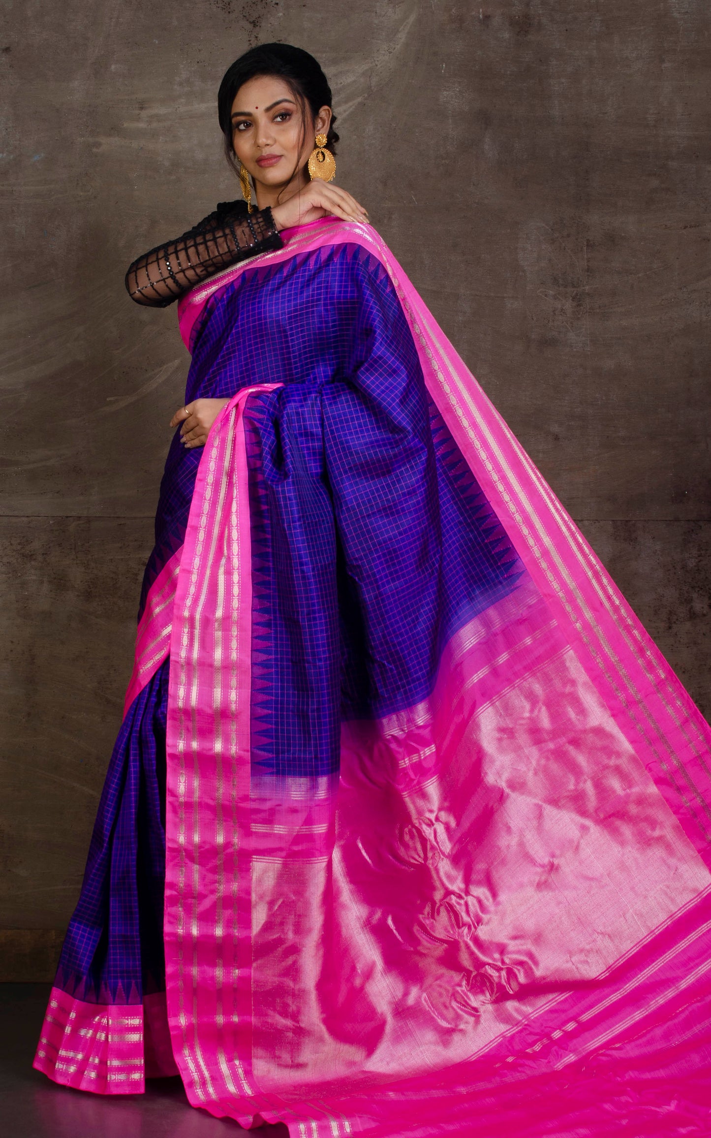 Pure Silk Checks Gadwal Silk Saree in Royal Blue, Pink and Silver Zari Work