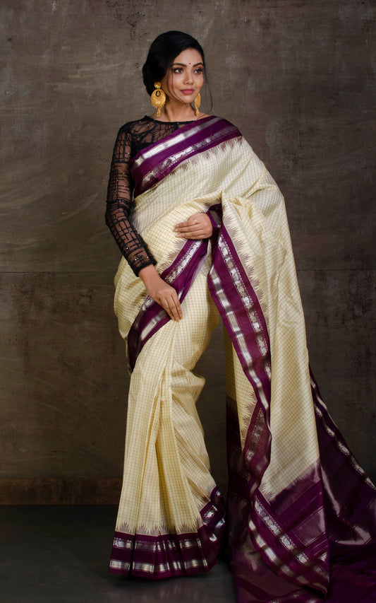 Pure Silk Checks Gadwal Silk Saree in Beige, Eggplant Purple and Silver Zari Work