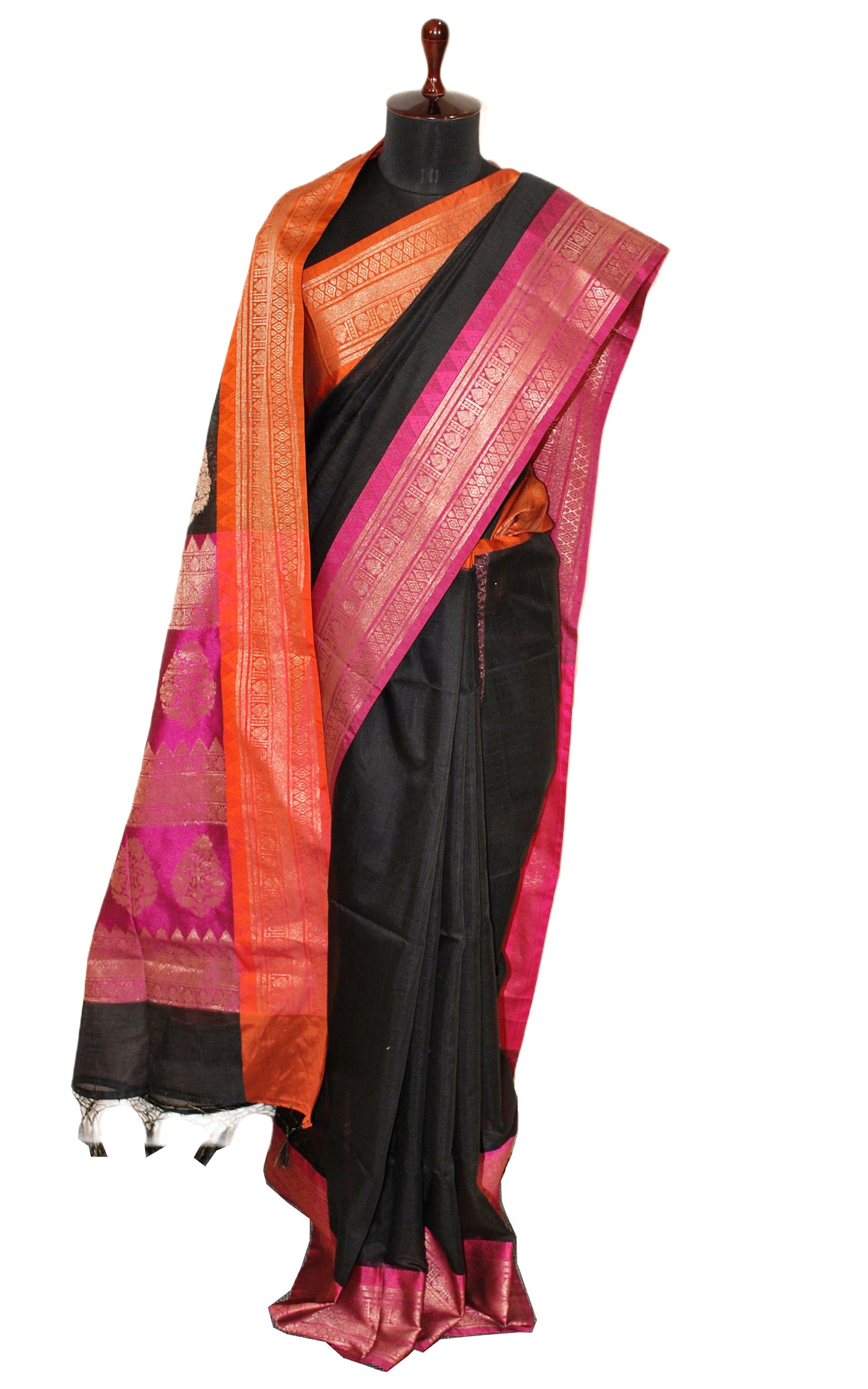 Traditional Ganga Jamuna Border Cotton Kota Checks Gadwal Saree with Rich Pallu in Black , Hot Pink and Orange