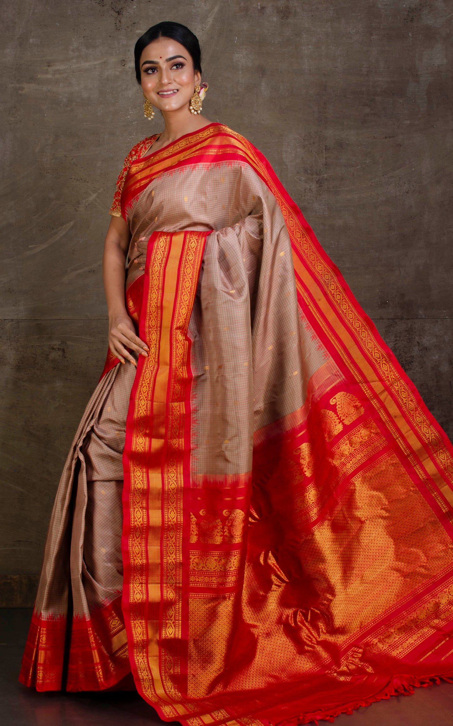 Hand Woven Micro check Premium Gadwal Silk Saree in Light Brown and Bright Red