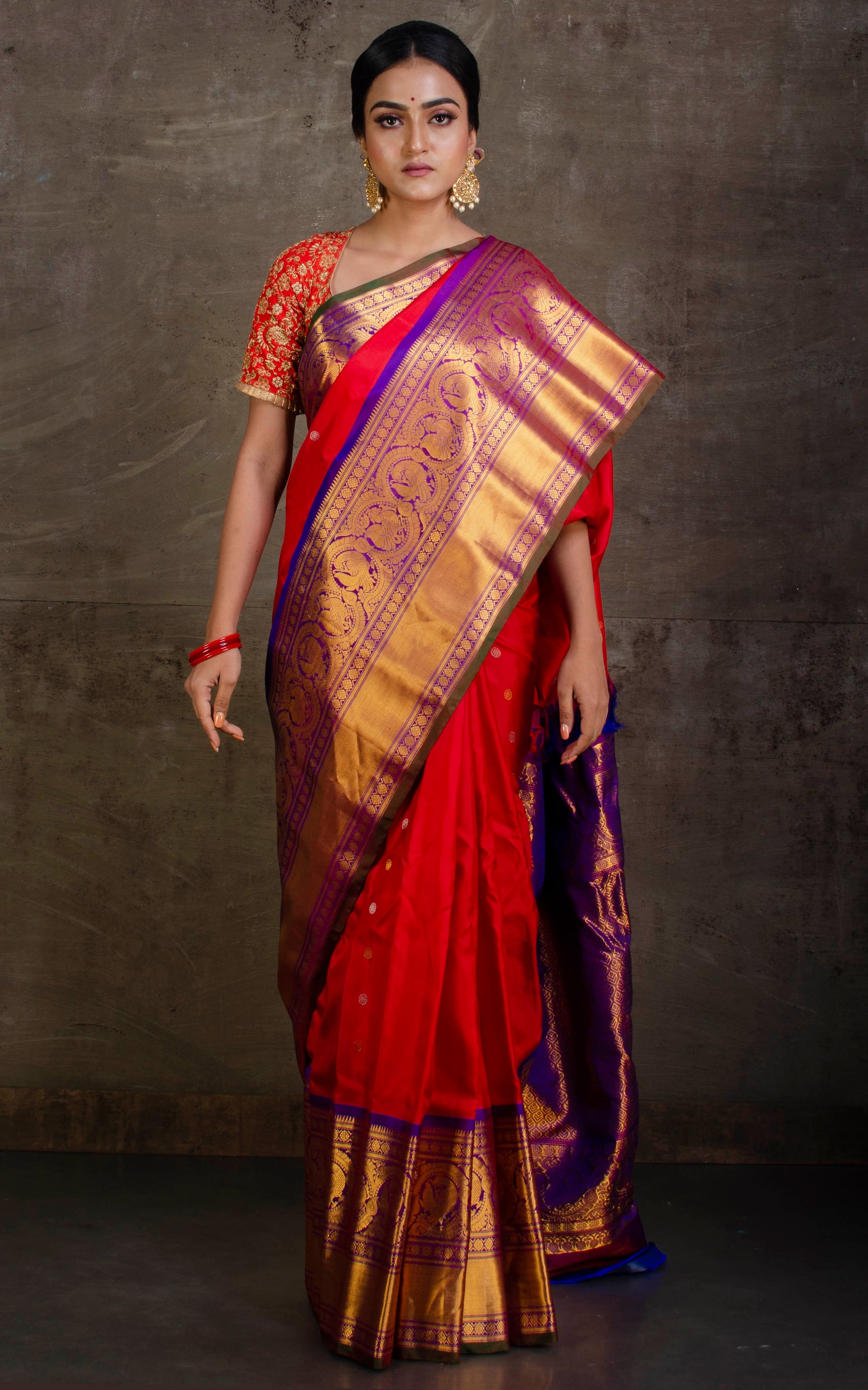 Exclusive Mahapar Nakshi Border Gadwal Silk Saree in Vermillion Red, Indigo Blue, Seaweed Green and Golden Zari Work