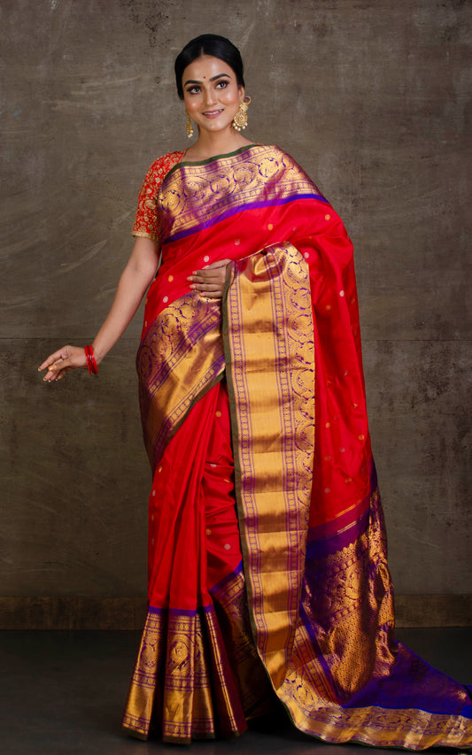 Exclusive Mahapar Nakshi Border Gadwal Silk Saree in Vermillion Red, Indigo Blue, Seaweed Green and Golden Zari Work