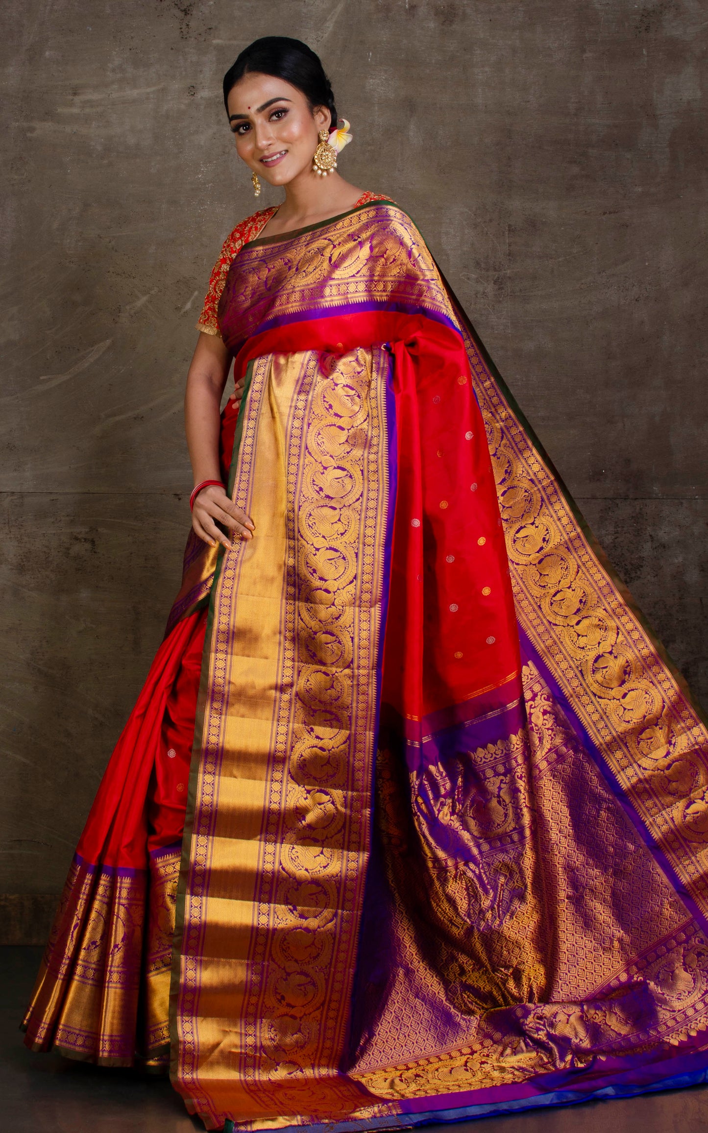 Exclusive Mahapar Nakshi Border Gadwal Silk Saree in Vermillion Red, Indigo Blue, Seaweed Green and Golden Zari Work