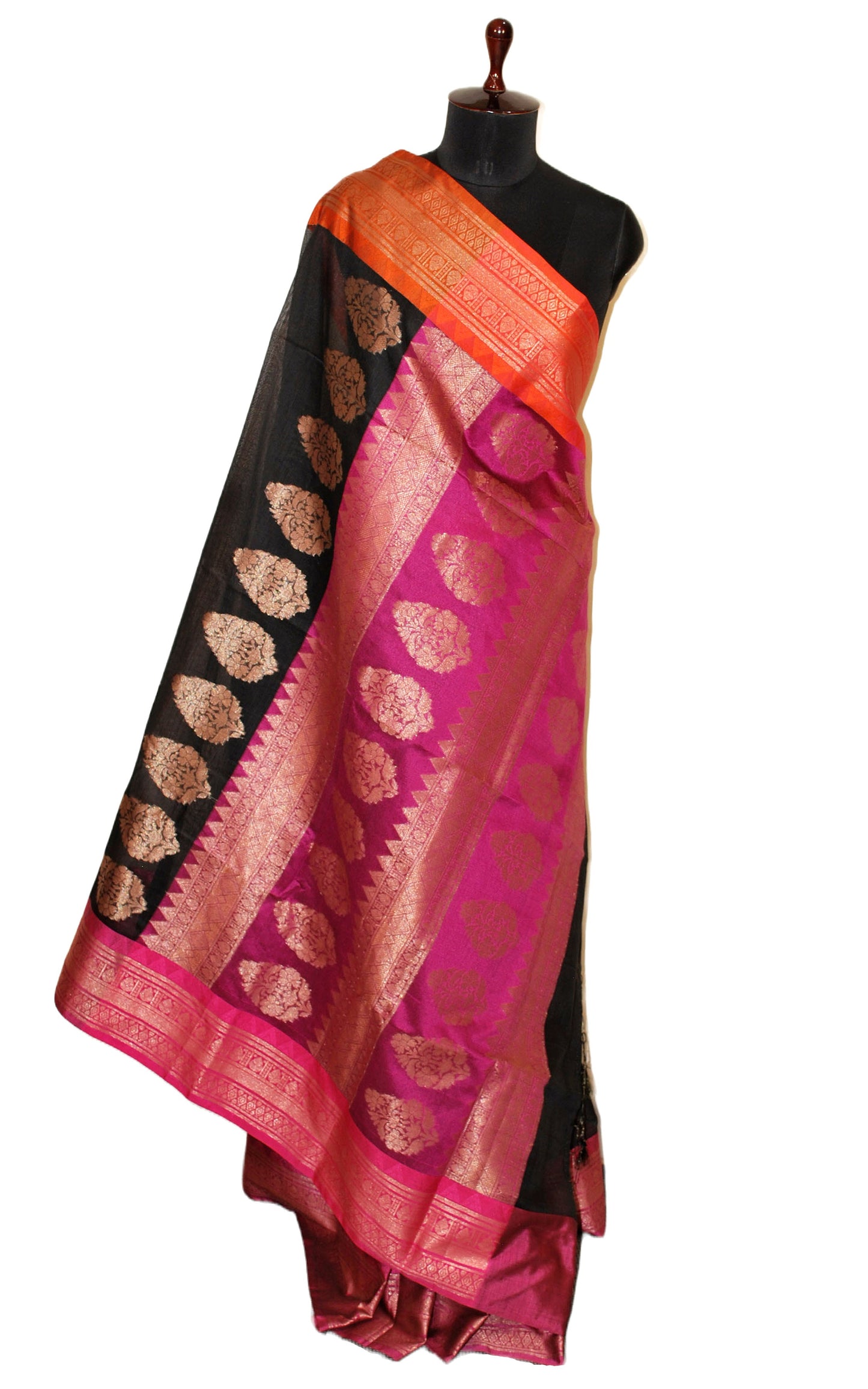 Traditional Ganga Jamuna Border Cotton Kota Checks Gadwal Saree with Rich Pallu in Black , Hot Pink and Orange