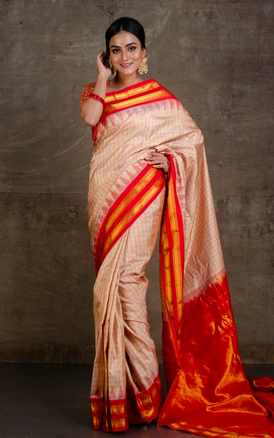 Pure Silk Checks Gadwal Silk Saree in Parmesan, Vermillion Red and Gold