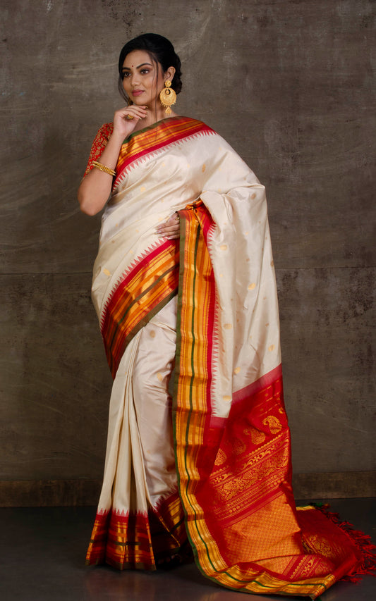 Exclusive Gadwal Silk Saree in Off White, Red, Dark Green and Mustard Golden