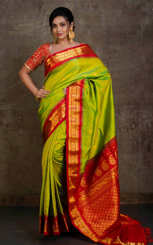 Exclusive Gadwal Silk Saree in Green Yellow, Bright Red and Golden Zari Work