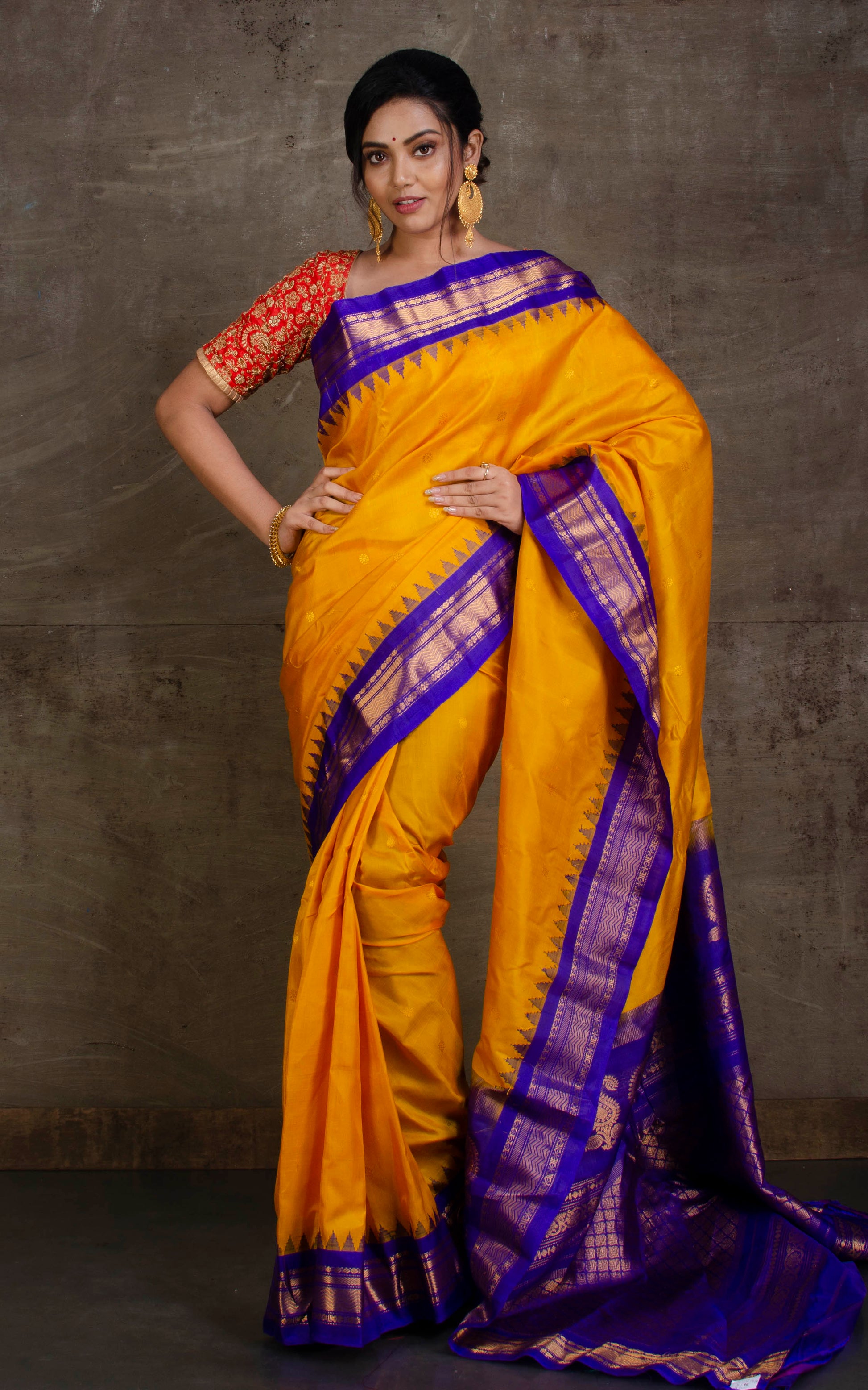 Exclusive Gadwal Silk Saree in Tuscan Sun Yellow and Royal Blue