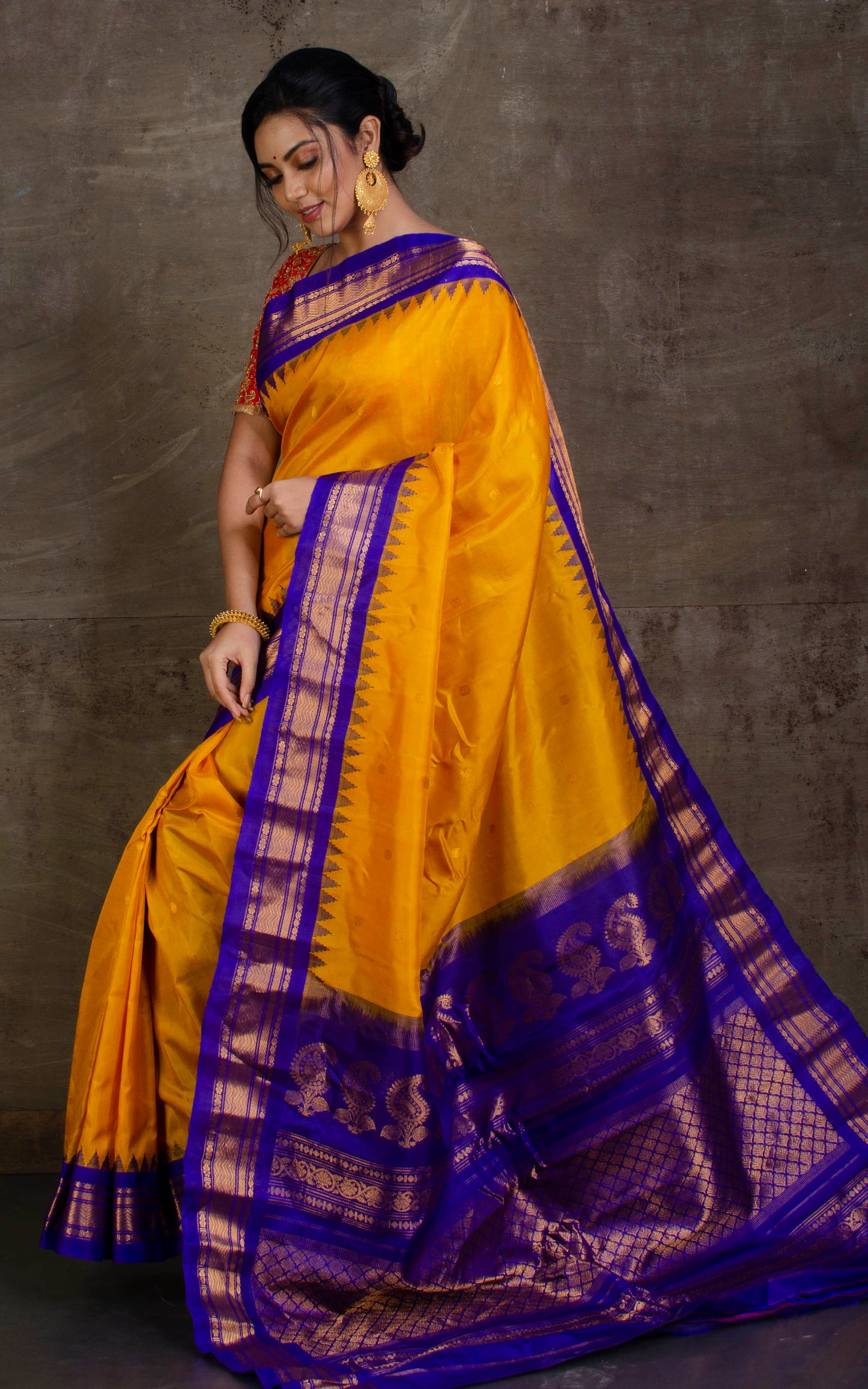 Exclusive Gadwal Silk Saree in Tuscan Sun Yellow and Royal Blue