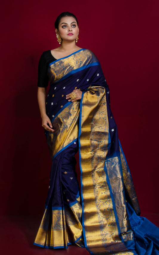 Exclusive Mahapar Nakshi Border Gadwal Silk Saree in Midnight Blue, Cobalt Blue and Golden Zari Work