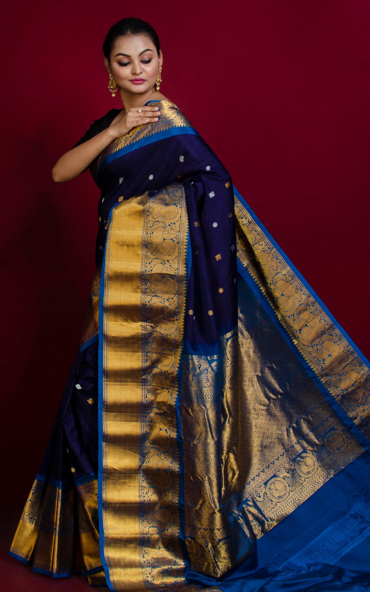 Exclusive Mahapar Nakshi Border Gadwal Silk Saree in Midnight Blue, Cobalt Blue and Golden Zari Work