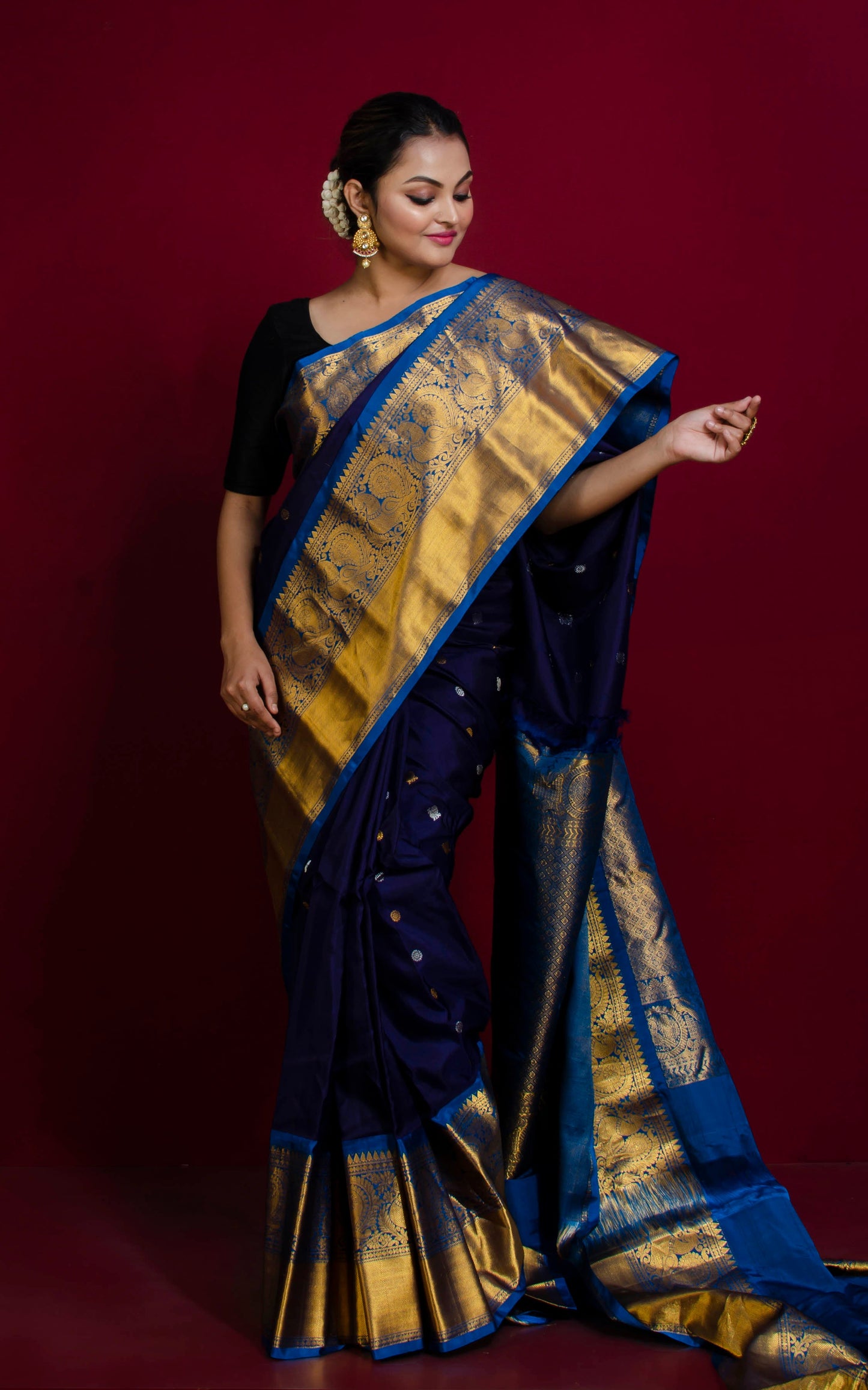 Exclusive Mahapar Nakshi Border Gadwal Silk Saree in Midnight Blue, Cobalt Blue and Golden Zari Work