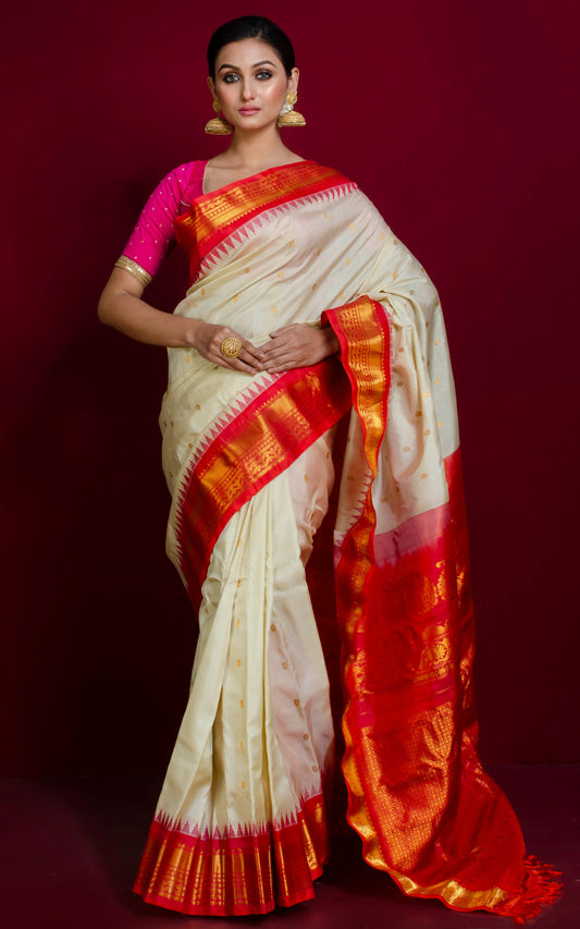 Exclusive Gadwal Silk Saree in Cream, Red Orange and Golden Zari Work