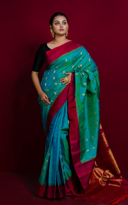 Double Ply Premium Gadwal Silk Saree in Greenish Cyan, Gold and Burgundy