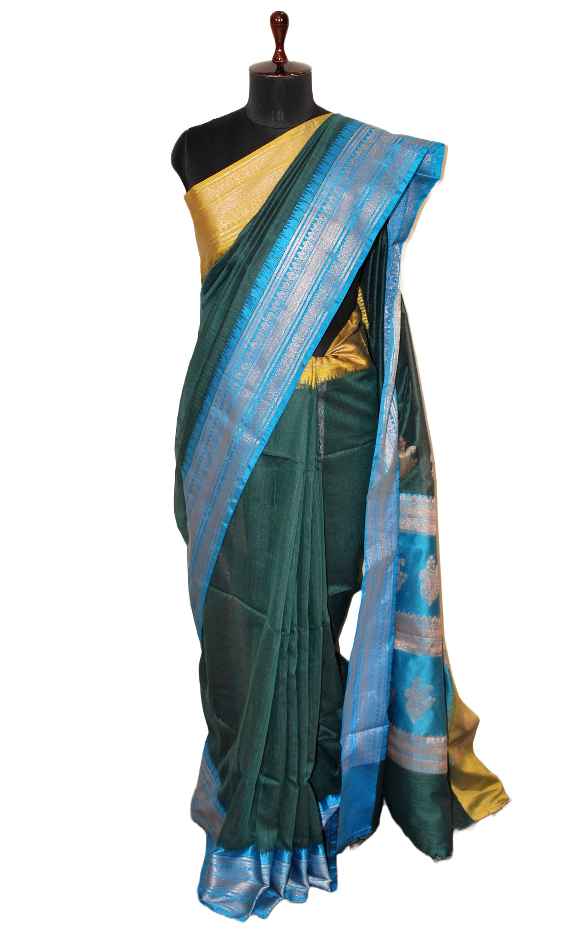 Traditional Ganga Jamuna Border Cotton Kota Checks Gadwal Saree with Rich Pallu in Phthalo Green, Blue and Yellow