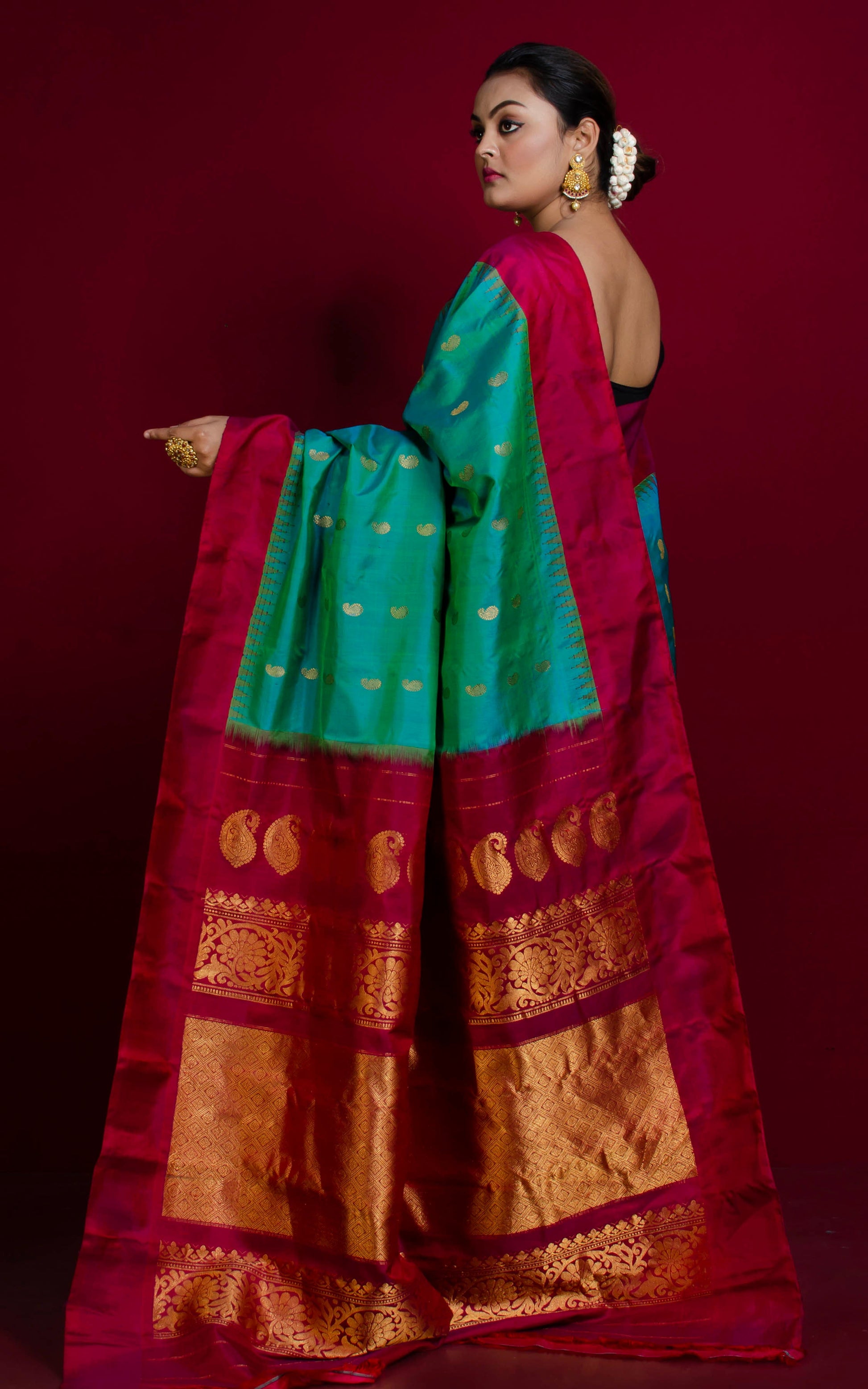 Double Ply Premium Gadwal Silk Saree in Greenish Cyan, Gold and Burgundy