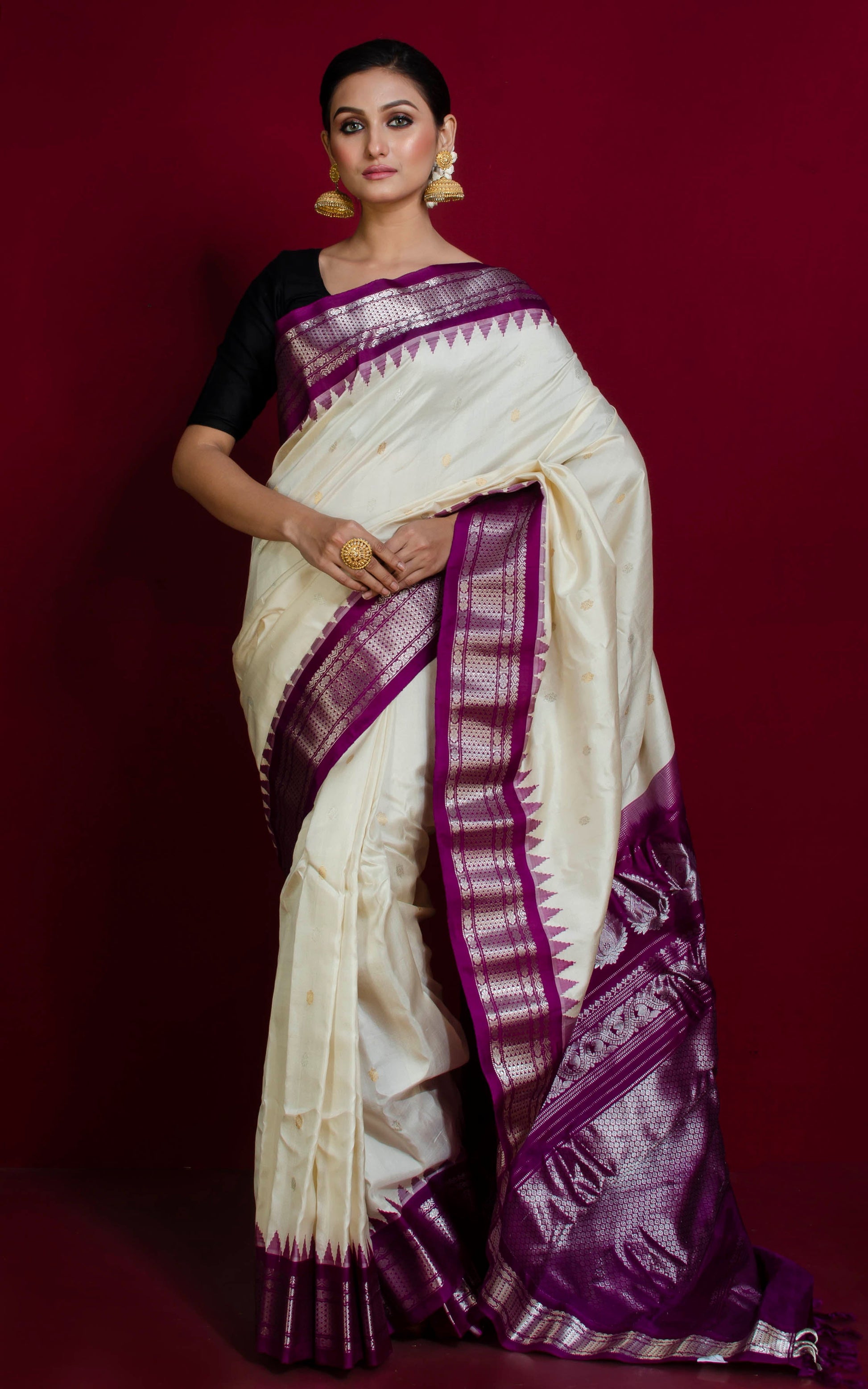 Exclusive Gadwal Silk Saree in Off White, Dark Purple and Silver Zari Work