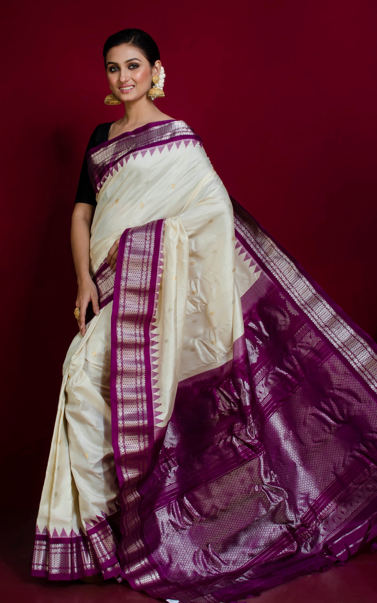 Exclusive Gadwal Silk Saree in Off White, Dark Purple and Silver Zari Work