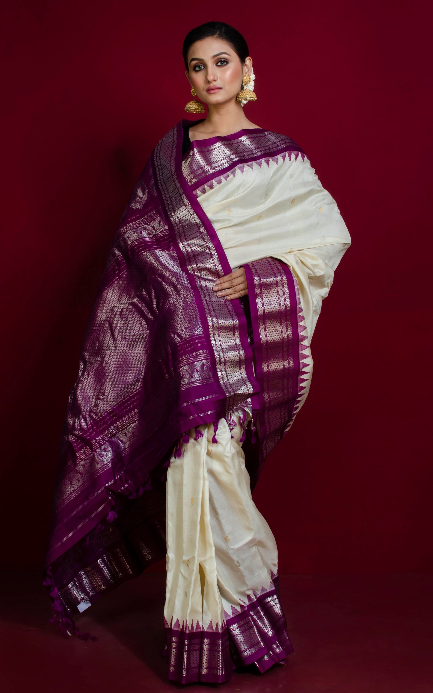 Exclusive Gadwal Silk Saree in Off White, Dark Purple and Silver Zari Work