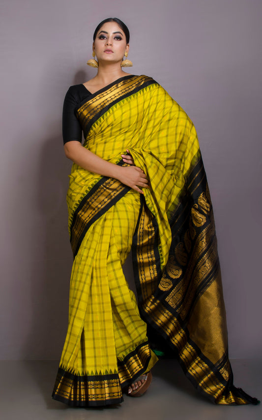 Premium Quality Checks Gadwal Silk Saree in Aureolin Yellow and Black