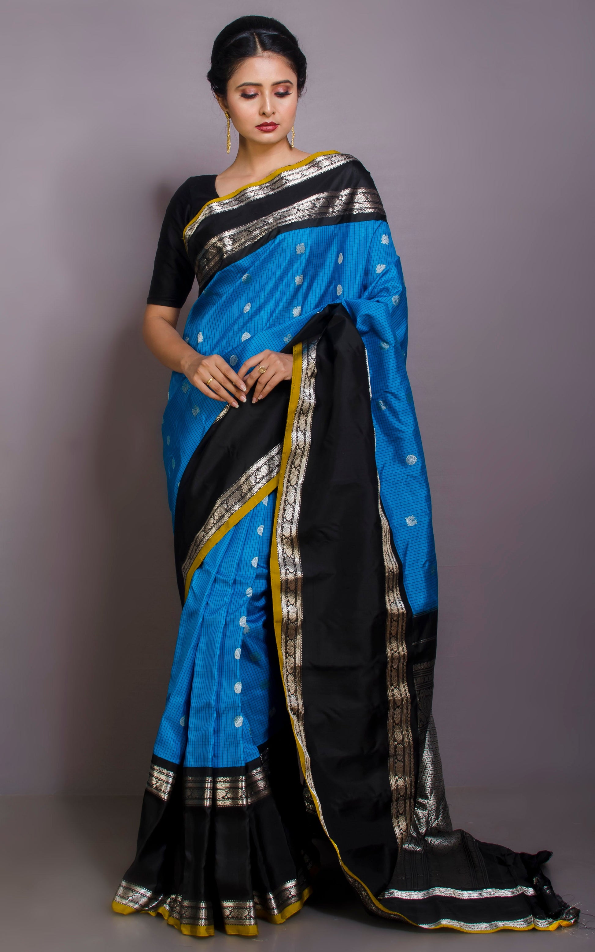 Exclusive Micro Checks Gadwal Silk Saree in Dodger Blue, Black and Silver Zari Work