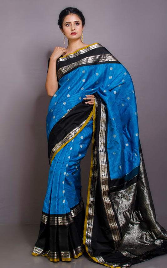 Exclusive Micro Checks Gadwal Silk Saree in Dodger Blue, Black and Silver Zari Work