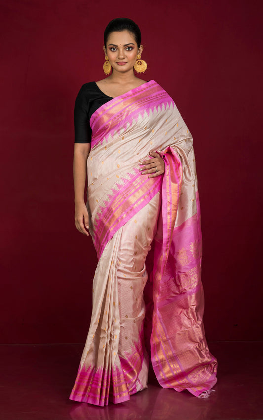 Woven Micro Checks Exclusive Gadwal Silk Saree in Summer White, Pink and Golden Zari Weave