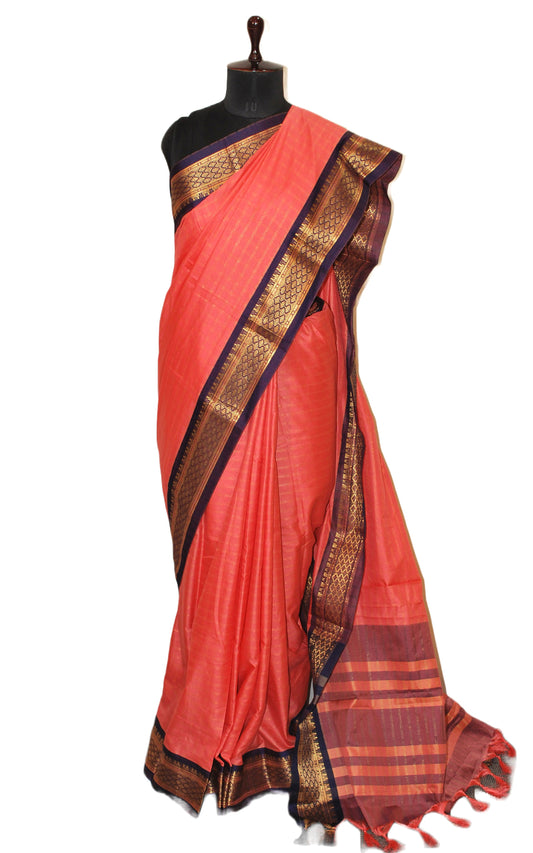 Blended Cotton Checks Gadwal Saree in Strawberry Pink. Navy Blue and Golden