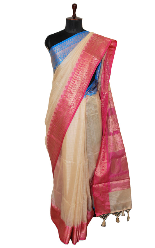 Traditional Ganga Jamuna Border Cotton Kota Checks Gadwal Saree with Rich Pallu in Parmesan, Hot Pink and Blue