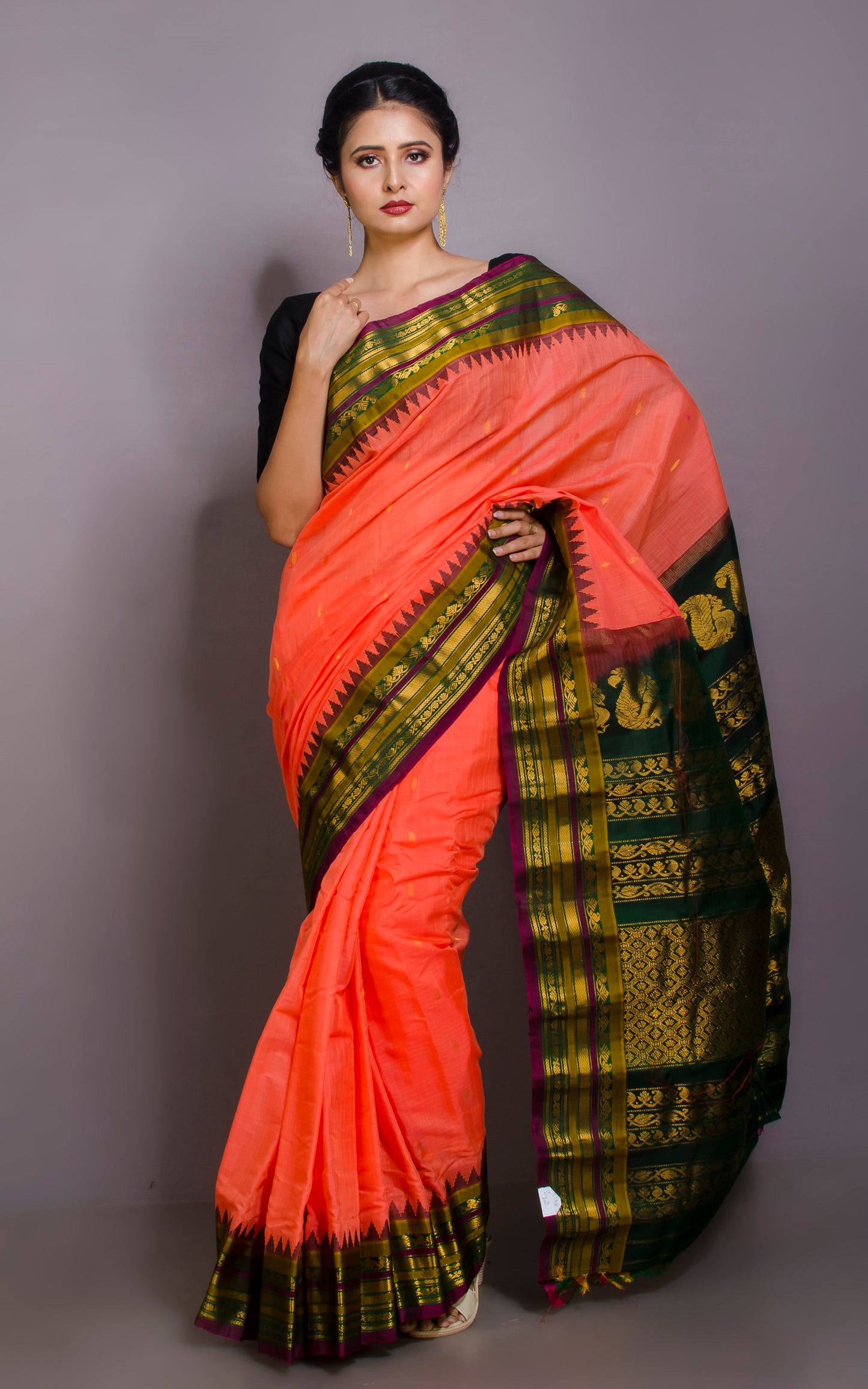 Exclusive Gadwal Seiko Silk Saree in Peach, Dark Green, Olive Green and Burgundy