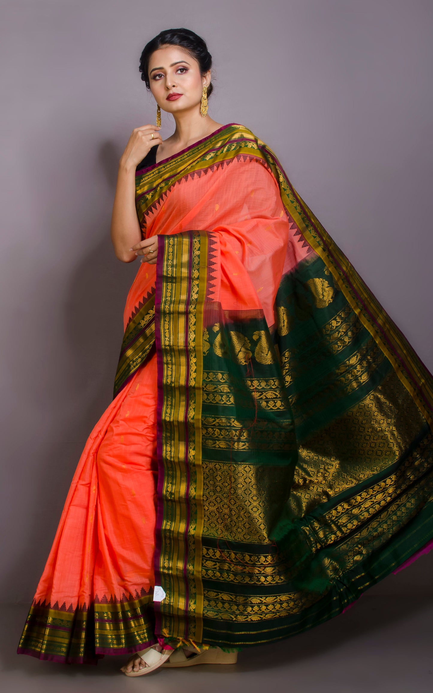 Exclusive Gadwal Seiko Silk Saree in Peach, Dark Green, Olive Green and Burgundy