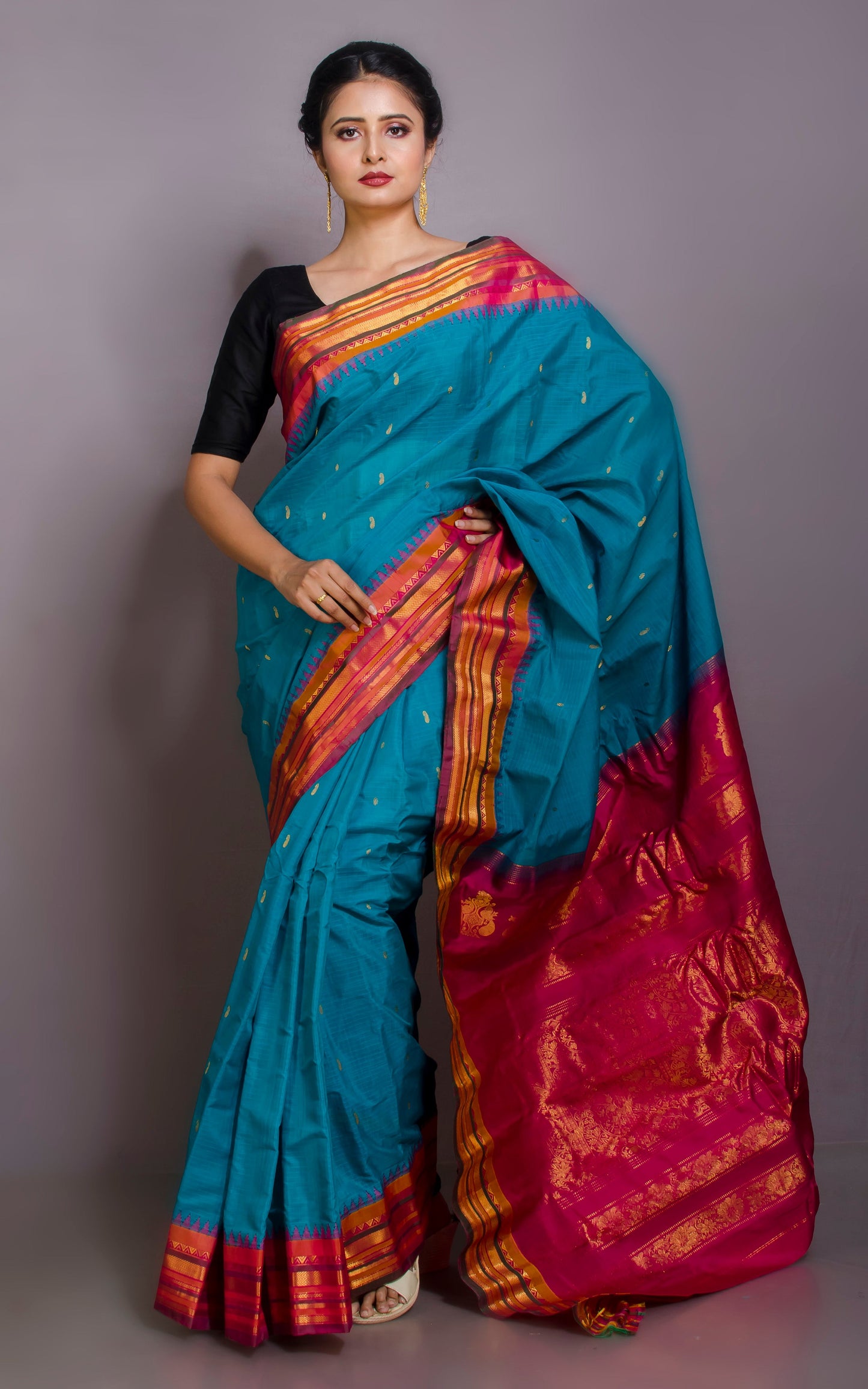 Exclusive Gadwal Seiko Silk Saree in Peacock Blue, Magenta and Amber Yellow