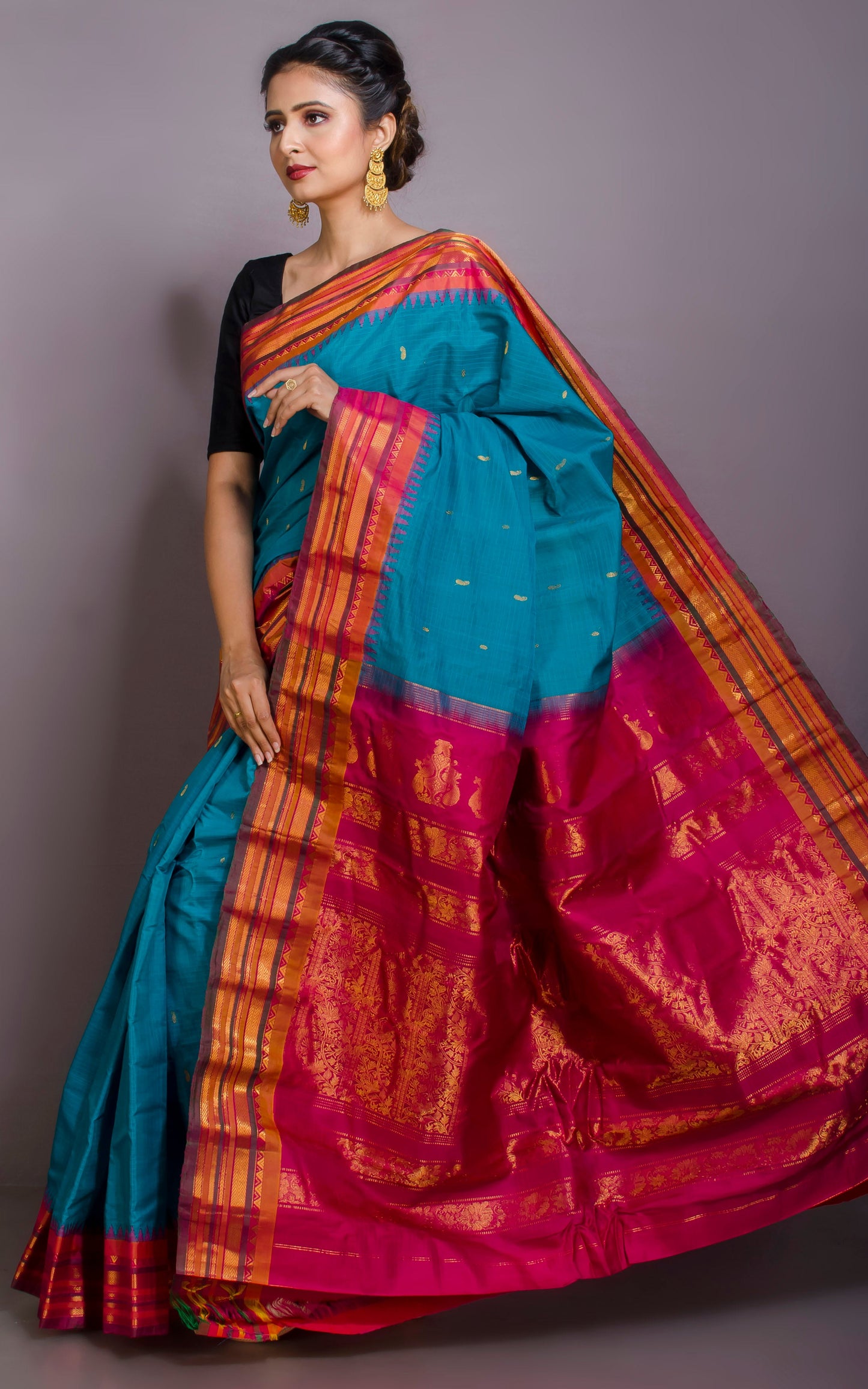 Exclusive Gadwal Seiko Silk Saree in Peacock Blue, Magenta and Amber Yellow