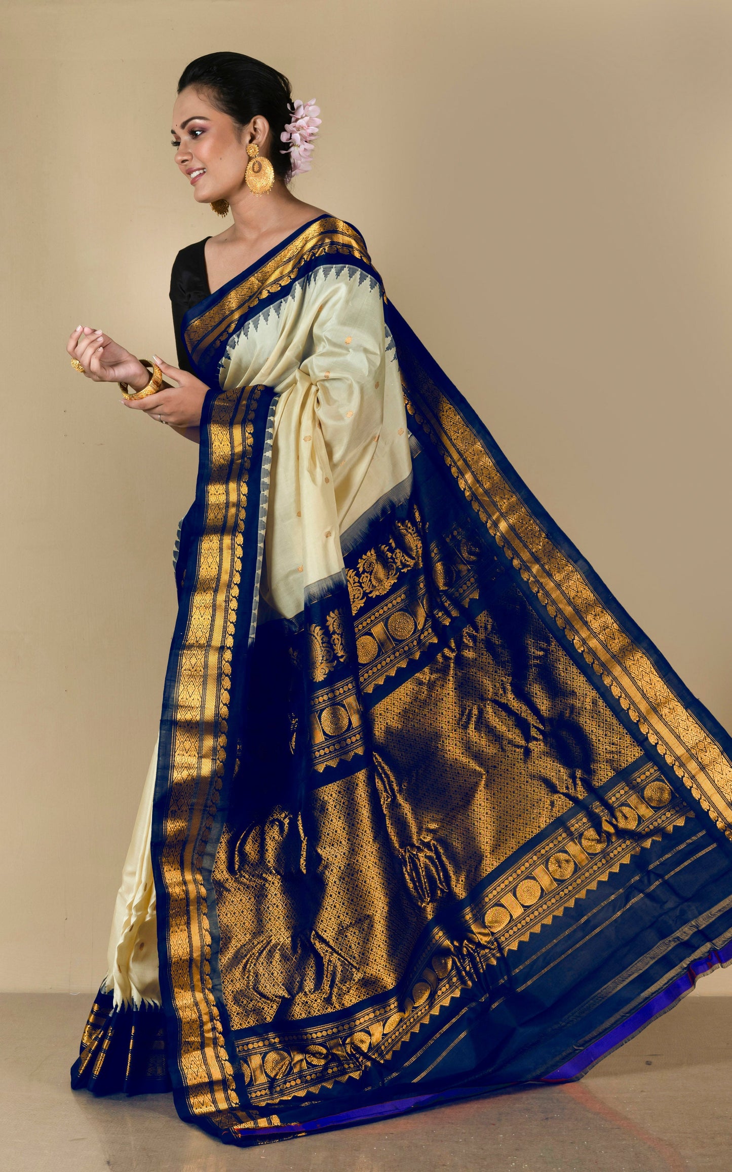 Handwoven Exclusive Gadwal Silk Saree in Off White, Navy Blue and Golden Zari Work